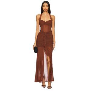 Brown Halter Maxi Dress with Ruched Front